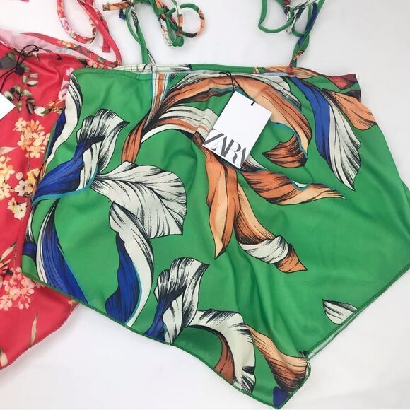 Zara Bundle of Two Red Floral Green Tropical Print Bandana Cami Tank Tops - Picture 10 of 12